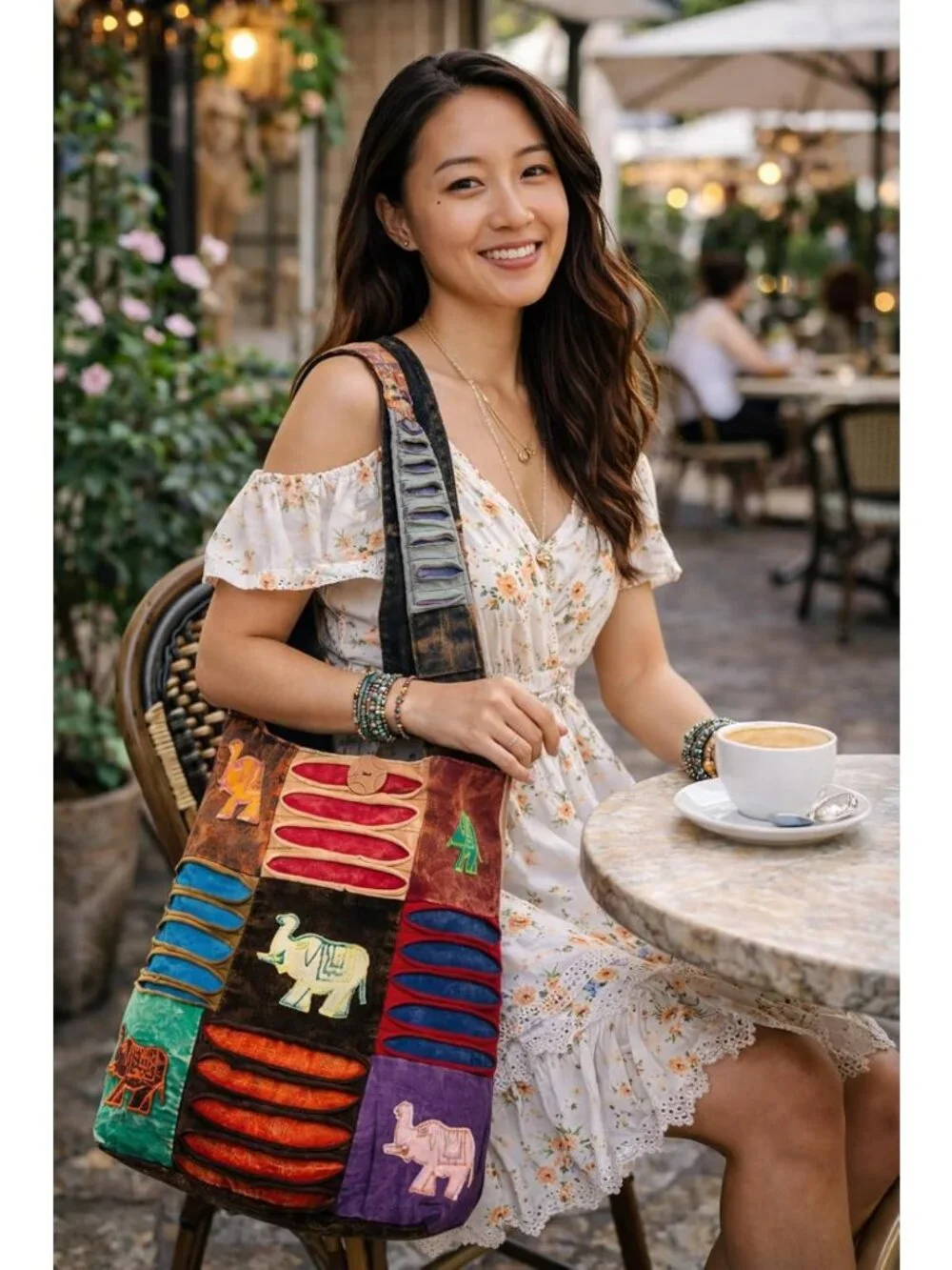 Colorful Boho Shoulder Bag for Women - Sling Slouchy Hippie Style (Elephant